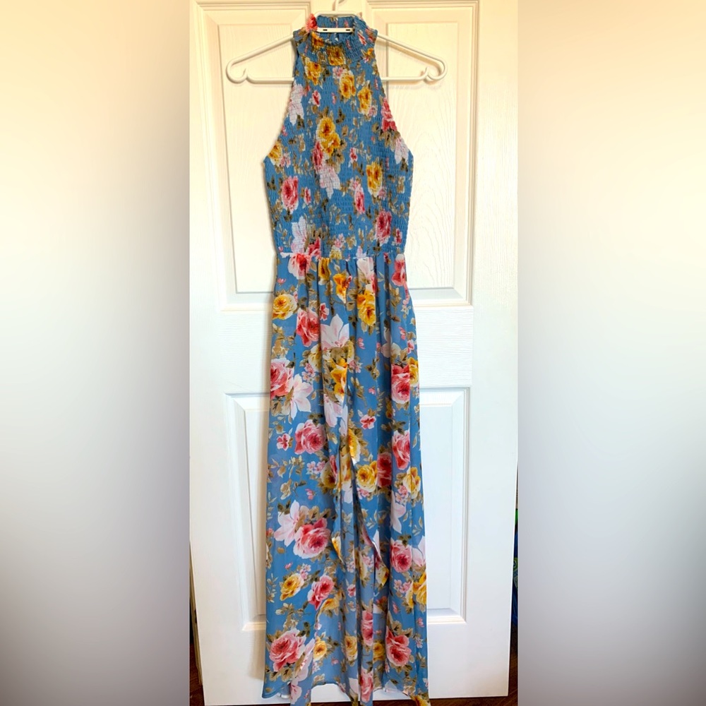 Floral sheer open arm choker style dress